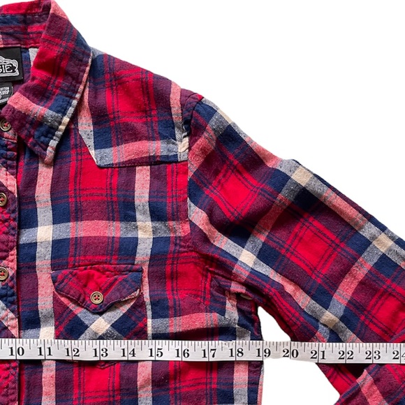 ANGIE Womens Large Juniors Flannel Shirt Red Plaid Long Sleeve Button Up SLIM - Picture 5 of 6